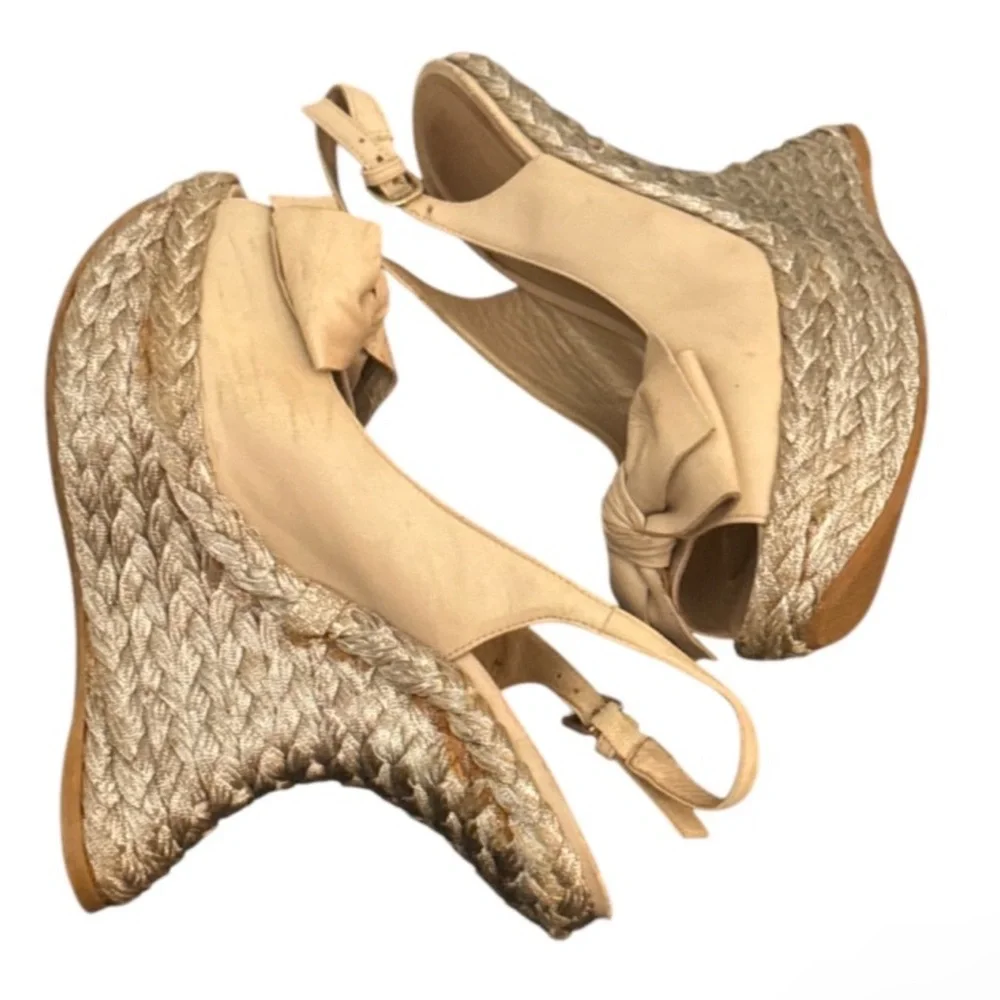Authentic Stuart Weitzman luxury designer bow leather platform espadrilles Sz 8